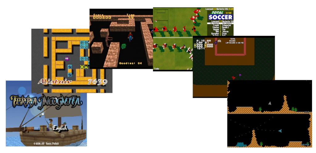 from left to right: Terra Incognita, Pushy II, Haunted Maze, Total Soccer Yaroze, Hover Car Racing, Gravitation.
