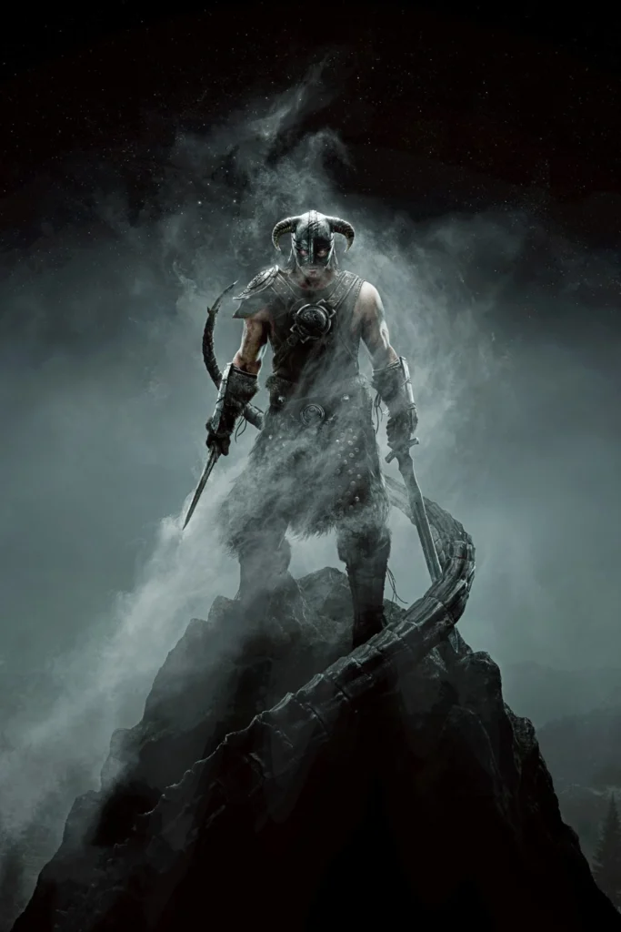 skyrim art featuring the smoky but heroic dragonborn